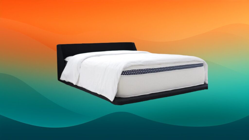 white mattress with a duvet on top and resting on a black bed frame with an orange and teal gradient background