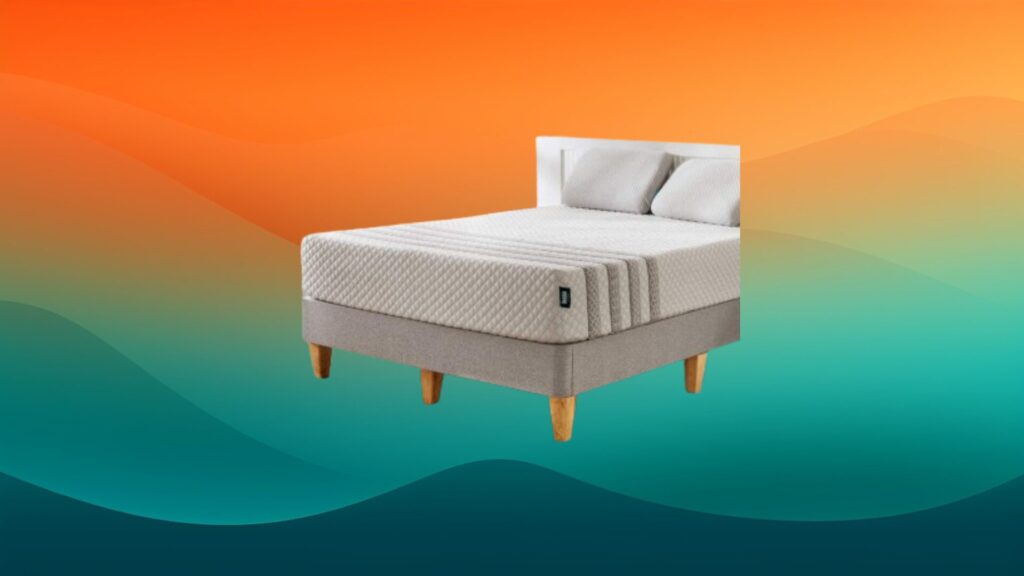 white and tan mattress on top of a gray bed frame with an orange and teal gradient background