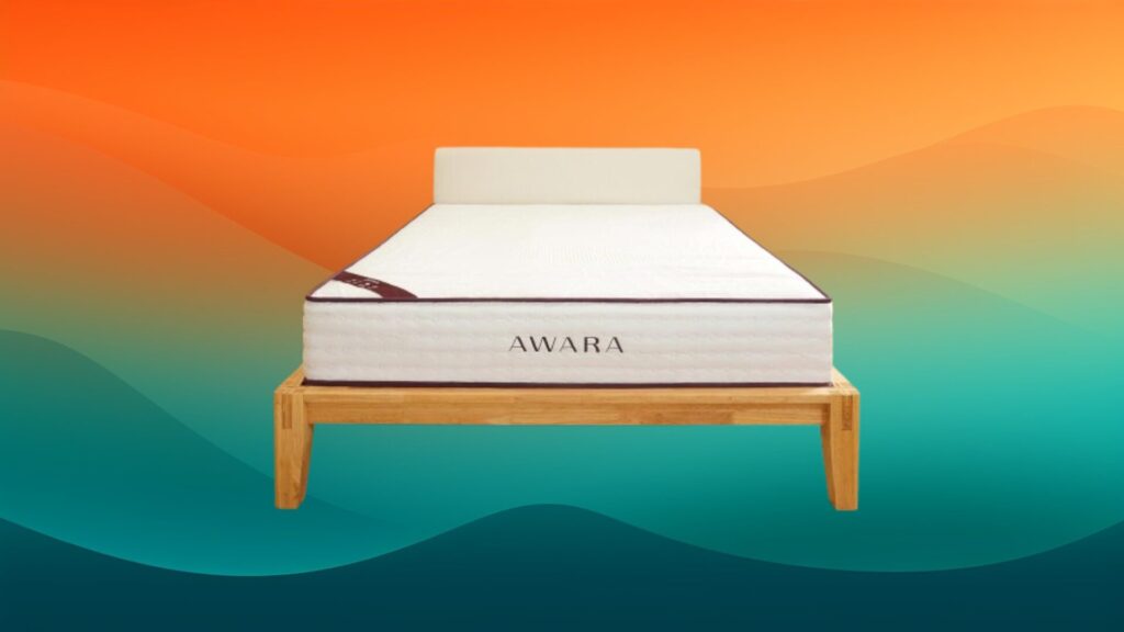 white mattress on a wooden bed frame with an orange and teal gradient background