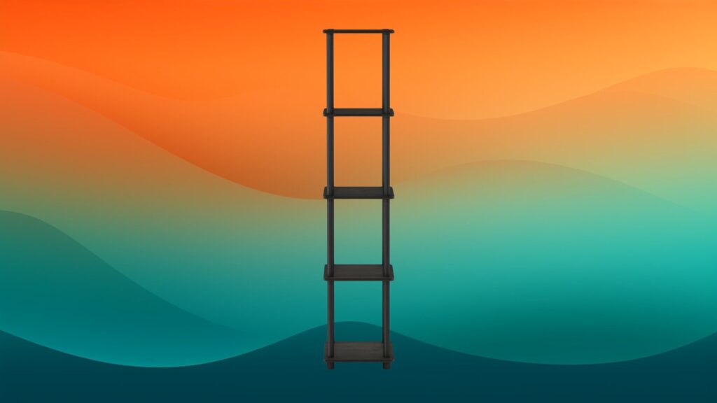 skinny black cheap bookcase in front of an orange and teal background