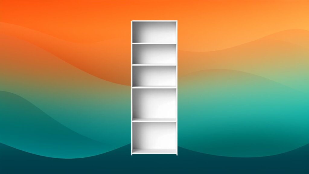 5 shelf white cheap bookcase in front of an orange and teal background