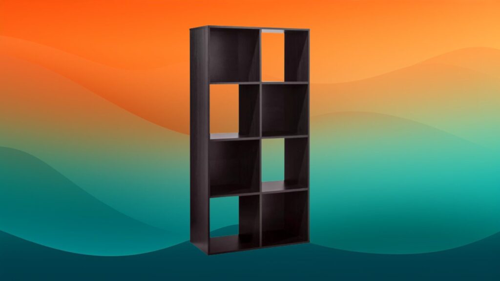 8 cube dark brown cheap bookcase in front of an orange and teal background
