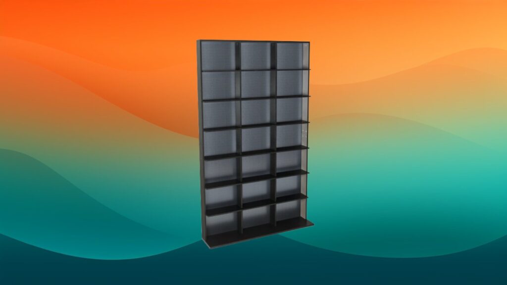 large cubed black cheap bookcase in front of an orange and teal background