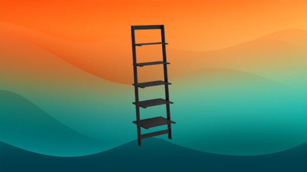 black ladder cheap bookcase in front of an orange and teal background