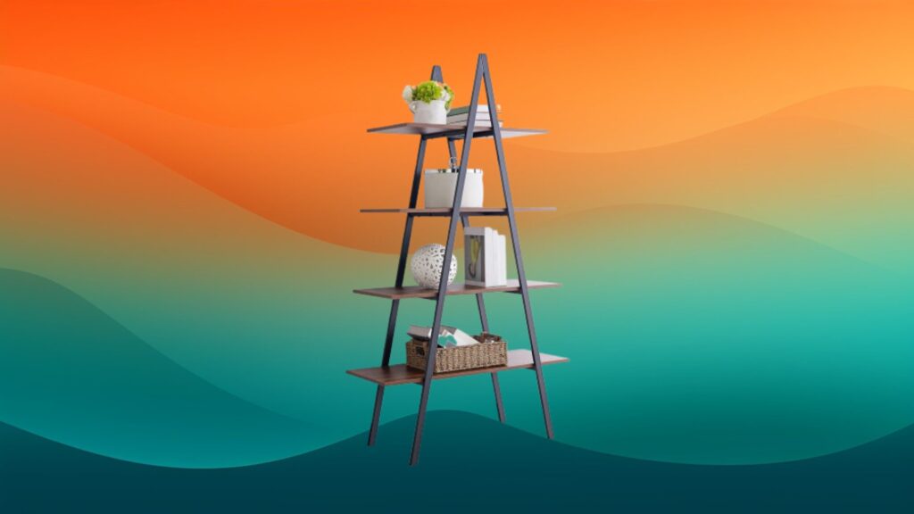 wood and metal A frame bookcase in front of an orange and teal background