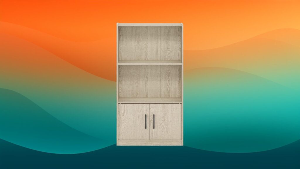 small tan shelved cheap bookcase in front of an orange and teal background