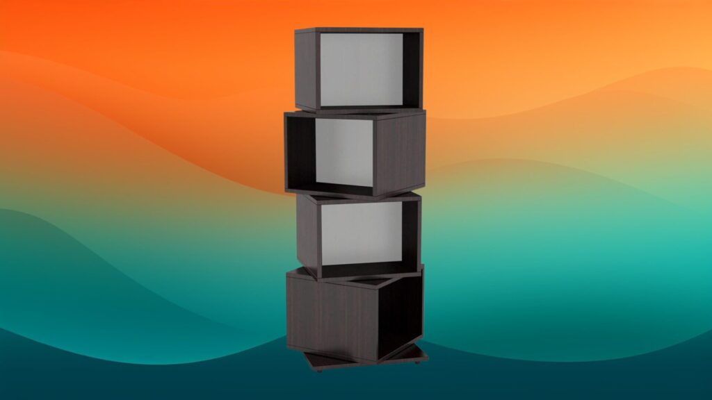 black four tier rotating cheap bookcase in front of an orange and teal background
