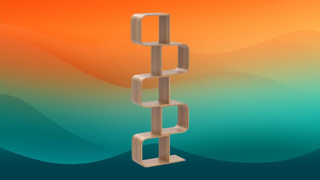 light tan s tiered cheap bookcase in front of an orange and teal background