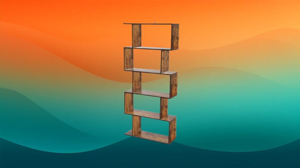 geometric dark stained wooden cheap bookcase in front of an orange and teal background