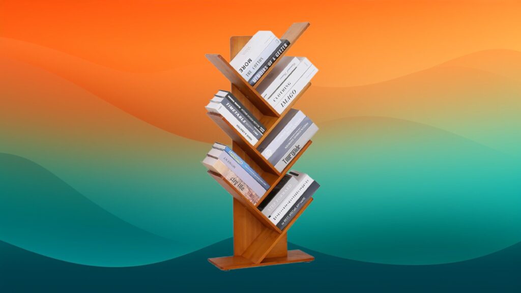 small bamboo tree cheap bookcase in front of an orange and teal background