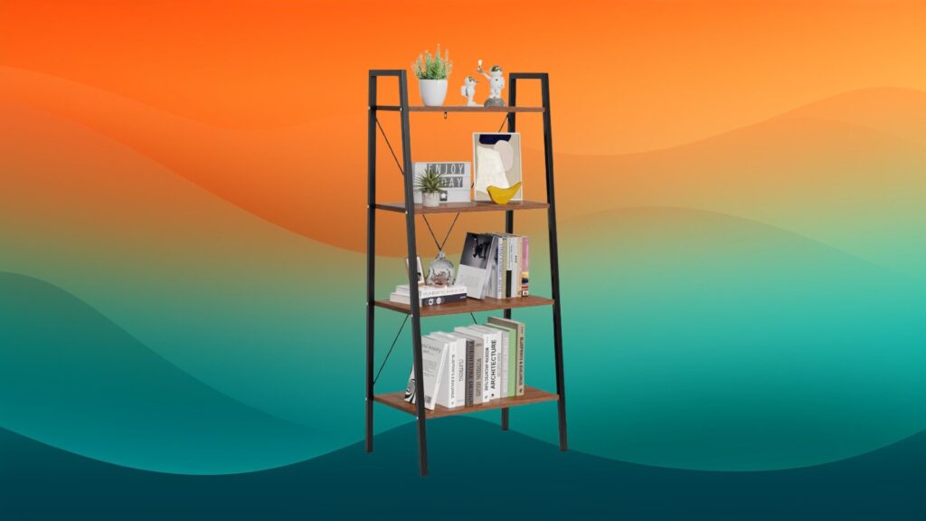 wooden and metal framed cheap bookcase in front of an orange and teal background