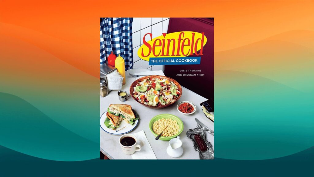 Seinfeld the Official Cookbook best coffee table book in front of an orange and teal background