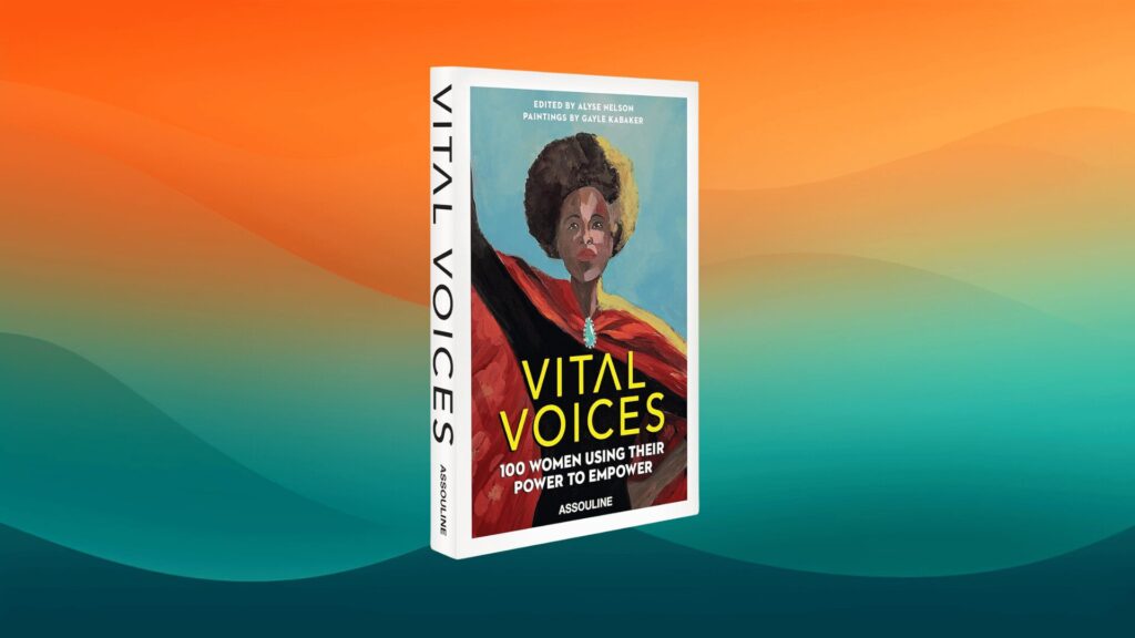 Vital Voices coffee table book in front of an orange and teal background