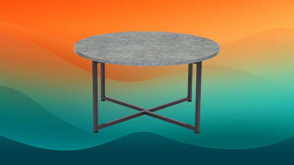 gray and black round coffee table in front of an orange and teal gradient background