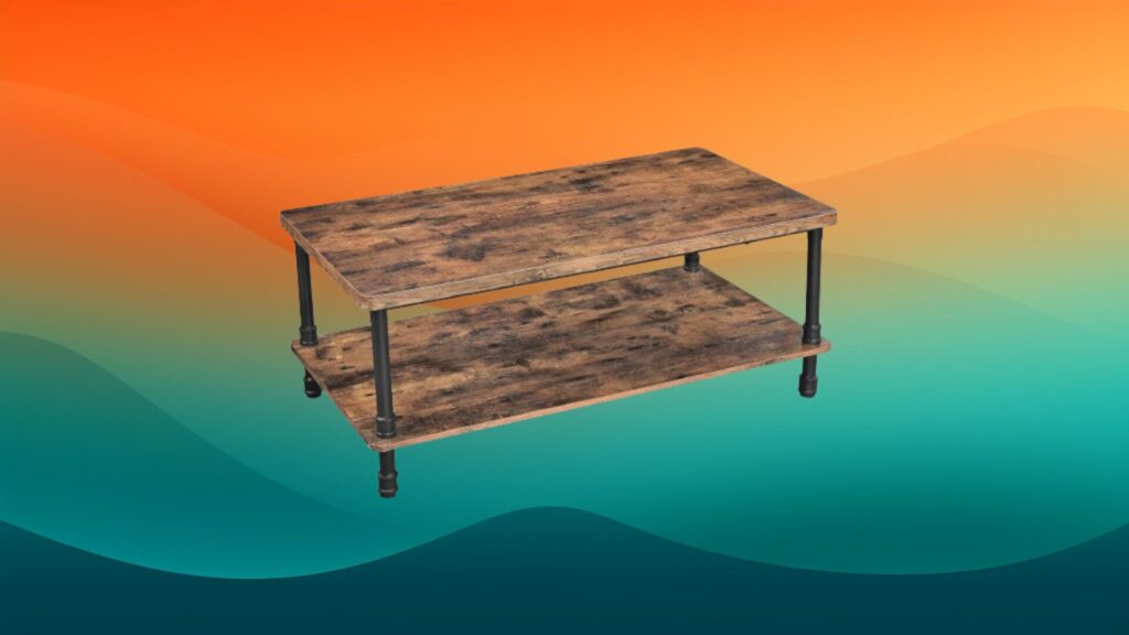 dark stained wood coffee table with a lower shelf in front of an orange and teal gradient background
