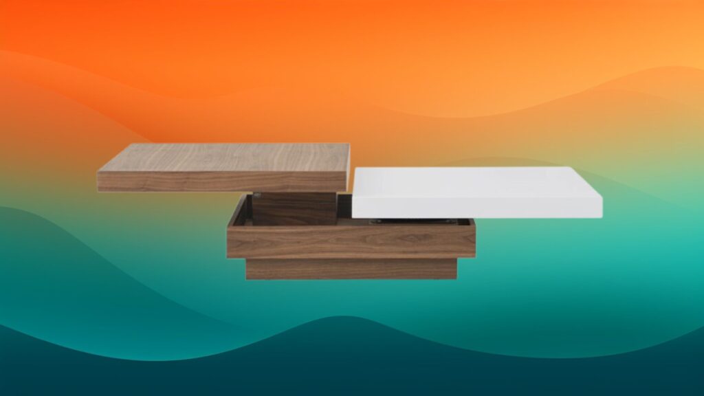 modern wooden and white tiered coffee table in front of an orange and teal gradient background