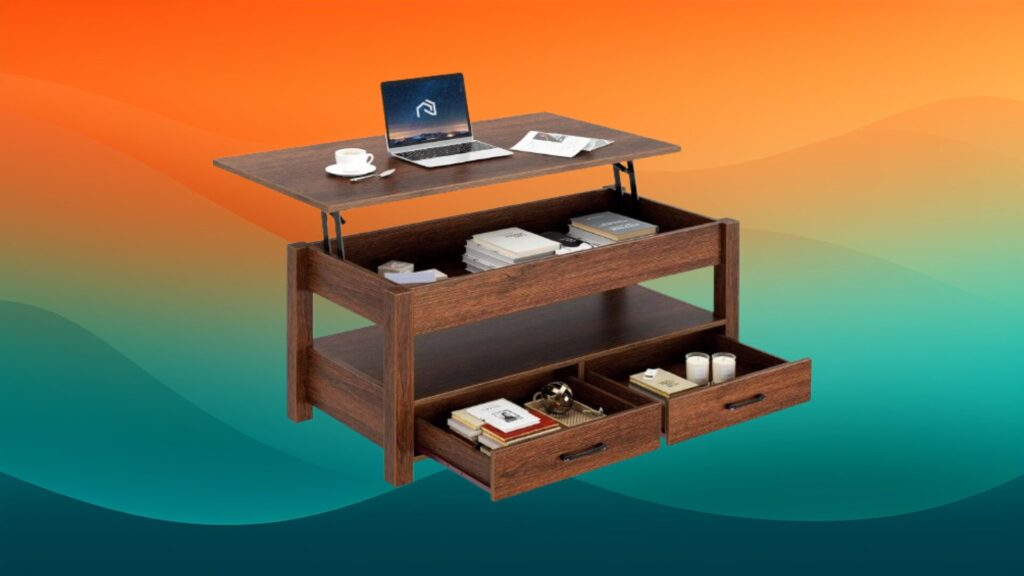 Dark wooden coffee table with raised tops and lower shelves in front of an orange and teal gradient background