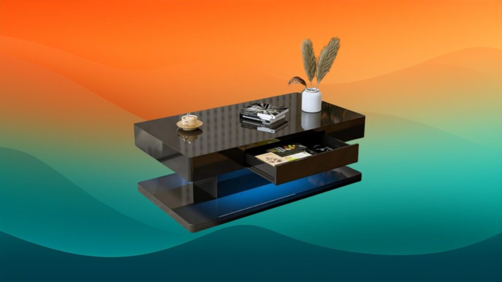 modern black shiny coffee table with a blue light on the lower section in front of an orange and teal gradient background
