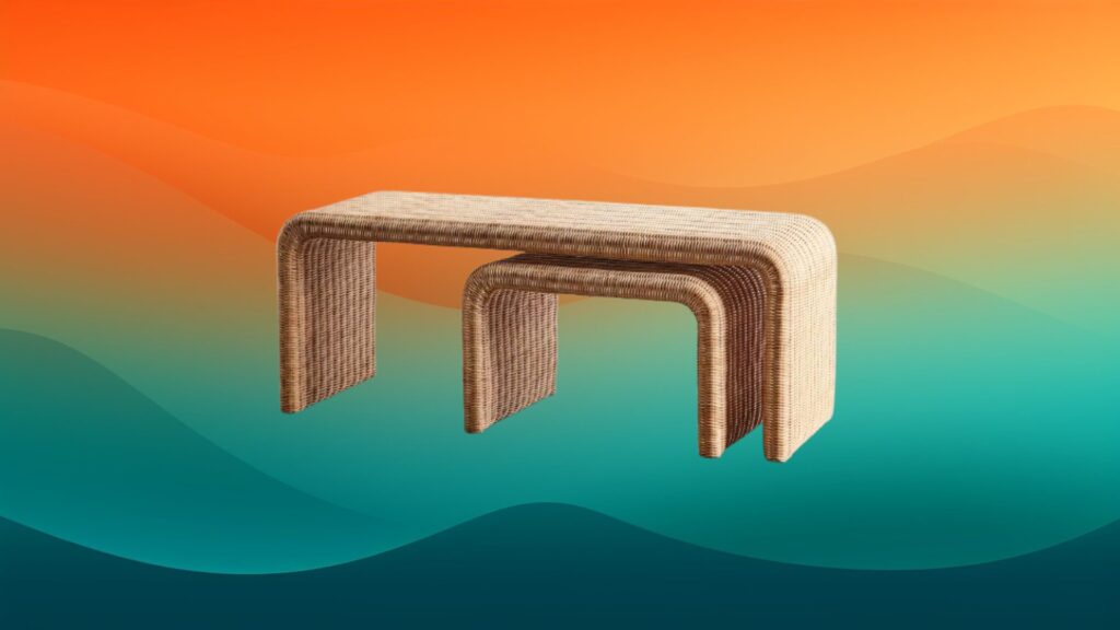 two woven tan coffee tables in front of an orange and teal gradient background