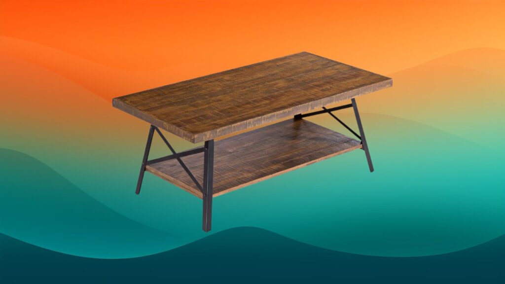 dark stained wooden coffee table with a lower shelf in front of an orange and teal gradient background