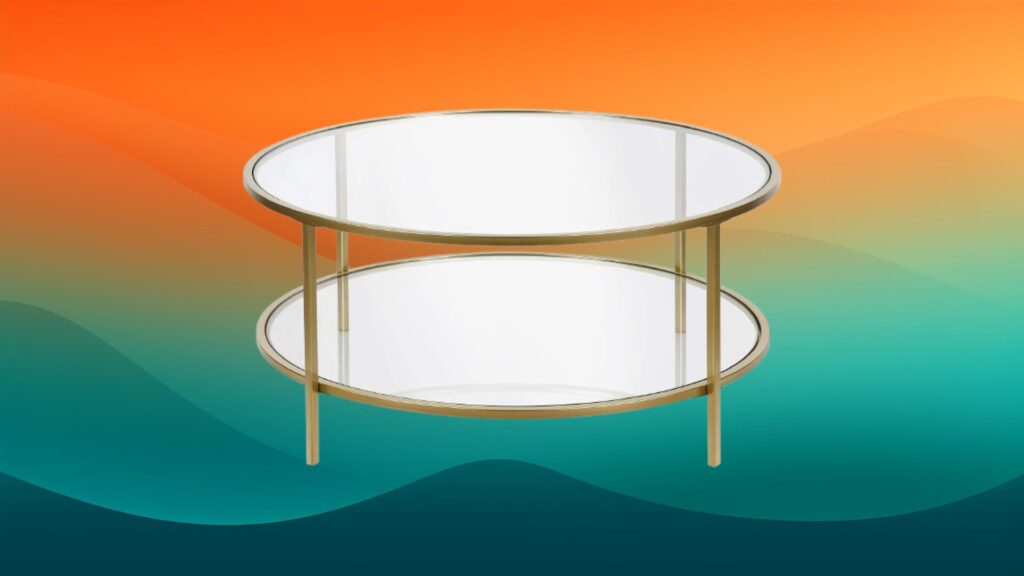 tiered glass and gold round coffee table in front of an orange and teal gradient background