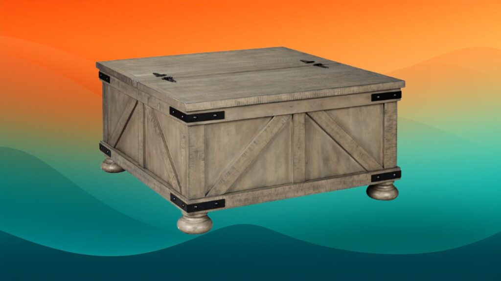 farmhouse style light brown rectangular coffee table in front of an orange and teal gradient background