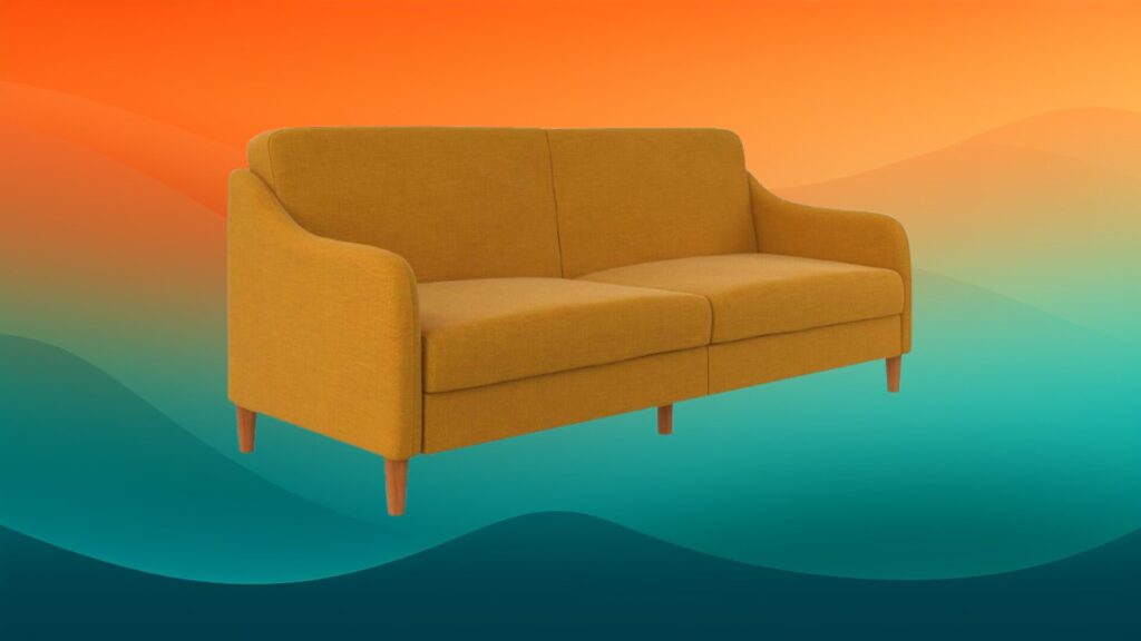 mustard plain couch in front of an orange and teal background