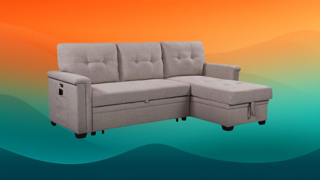 gray sofa with chaise lounge in front of an orange and teal background