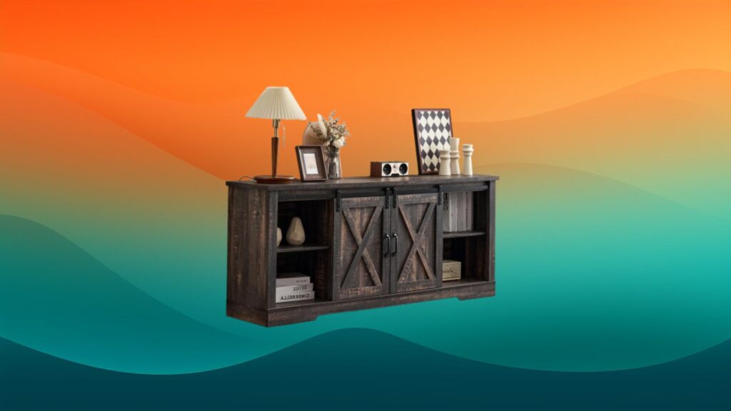 modern farmhouse style dark wood best entertainment center in front of an orange and teal background