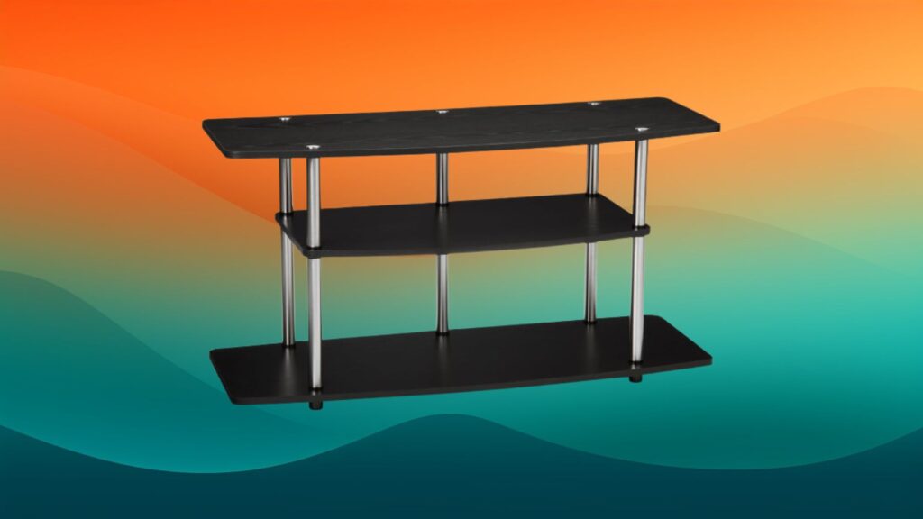 black and metal best entertainment center in front of an orange and teal background
