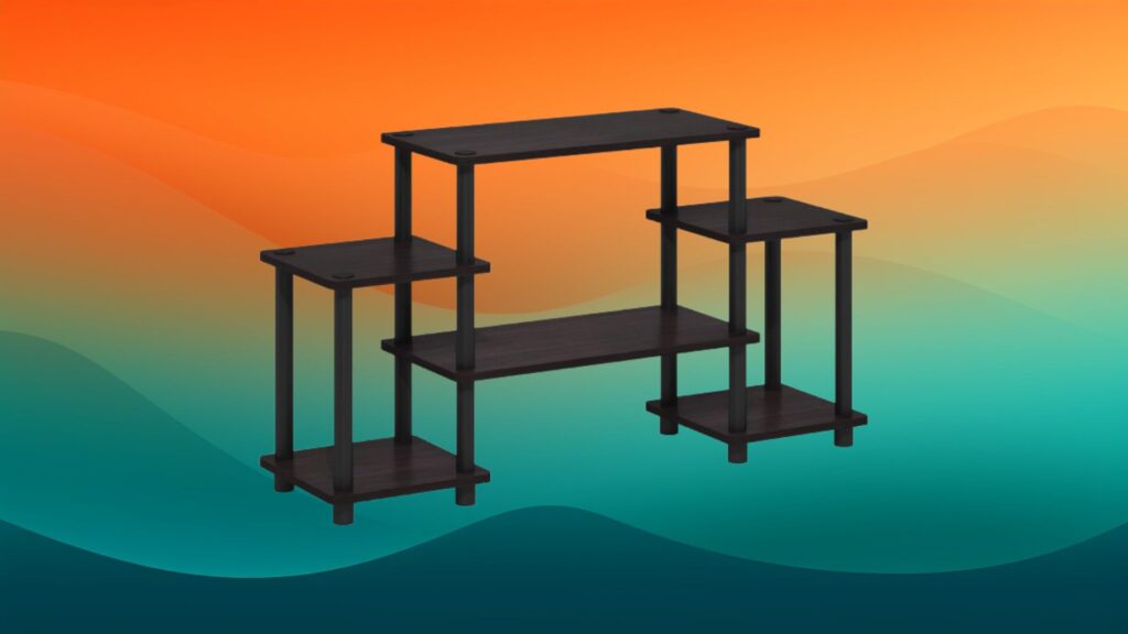 black layered entertainment center in front of an orange and teal background