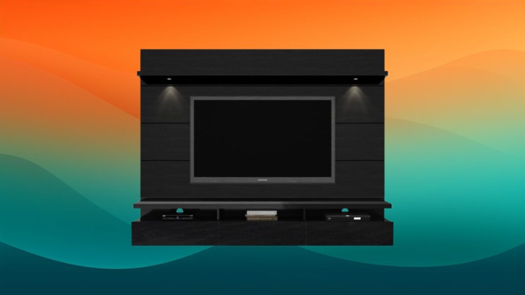 black theater panel best entertainment center in front of an orange and teal background