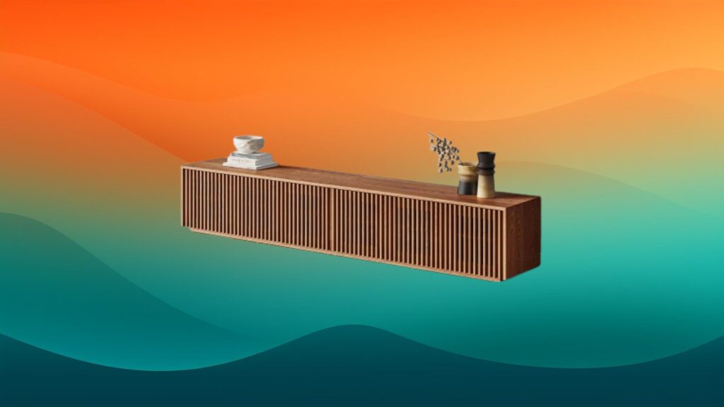 long wooden entertainment center in front of an orange and teal background