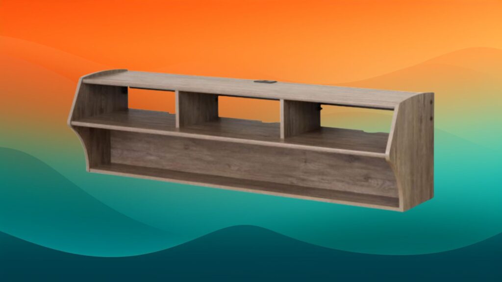 light wood floating entertainment center in front of an orange and teal background