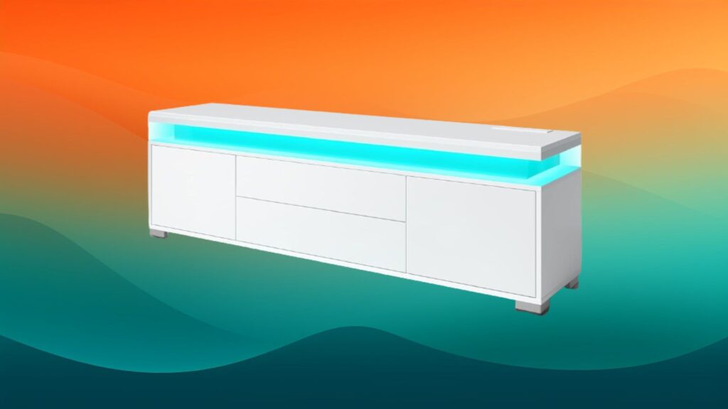 sleek white entertainment center with a blue light in the shelf in front of an orange and teal background