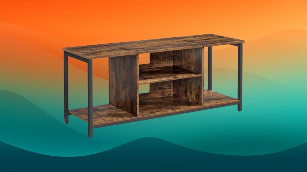 dark wood and metal entertainment center in front of an orange and teal background