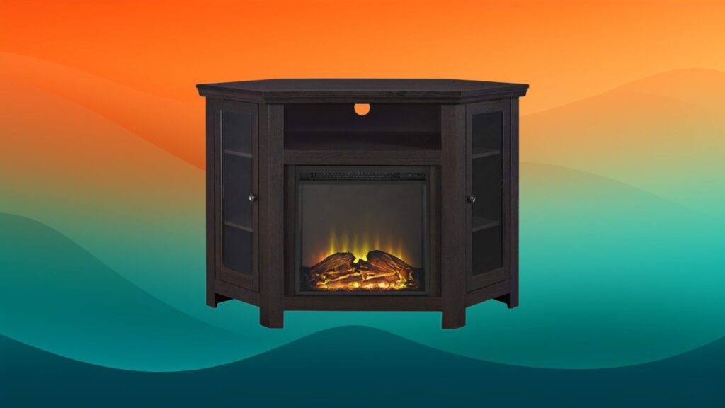 black fireplace entertainment center in front of an orange and teal background