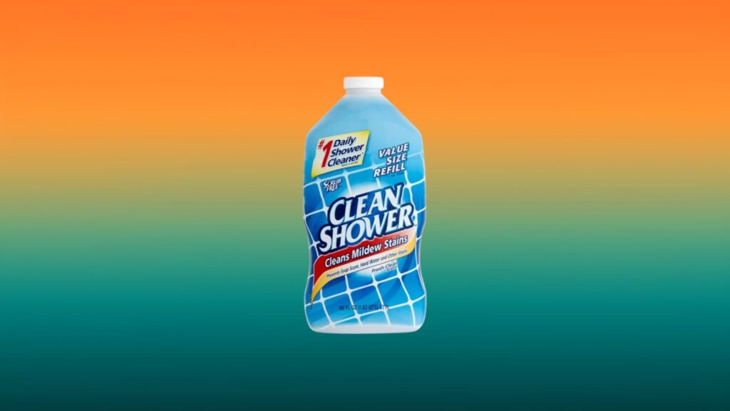blue bottle of Clean Shower shower cleaner with orange and teal gradient background