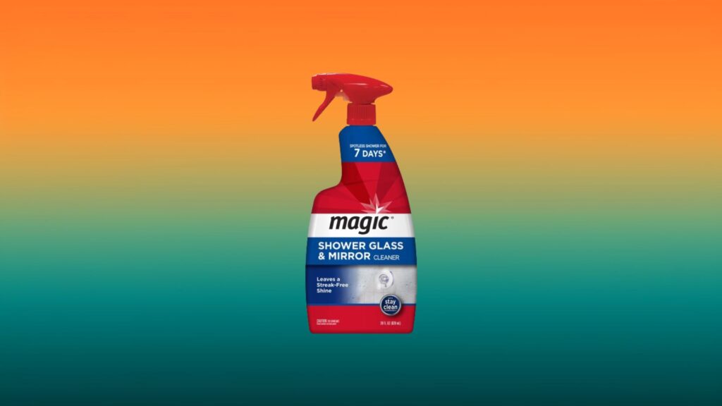 red bottle of Magic shower glass and mirror cleaner with orange and teal gradient background