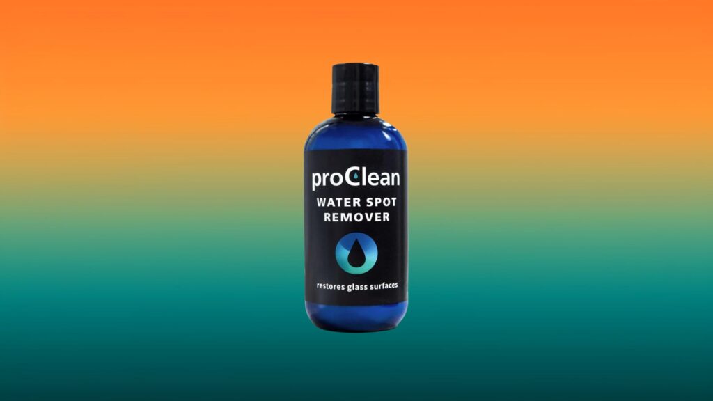 blue bottle of proClean water spot remover with orange and teal gradient background
