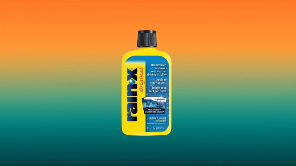 blue and yellow bottle of Rain-X with orange and teal gradient background