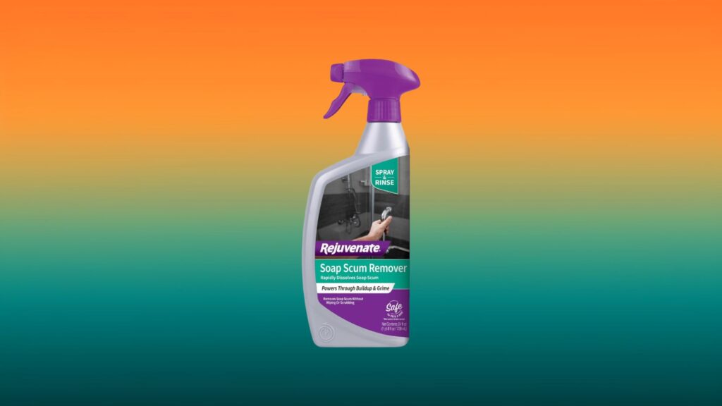 gray and purple spray bottle of Rejuvenate soap scum remover with orange and teal gradient background