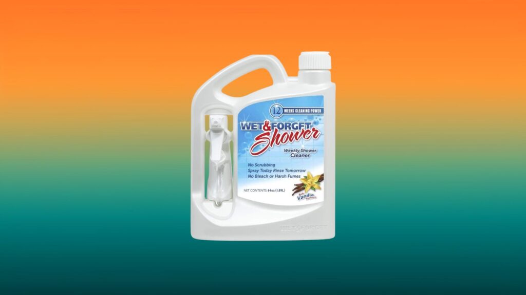 white and blue bottle of Wet and Forget Shower cleaner with orange and teal gradient background