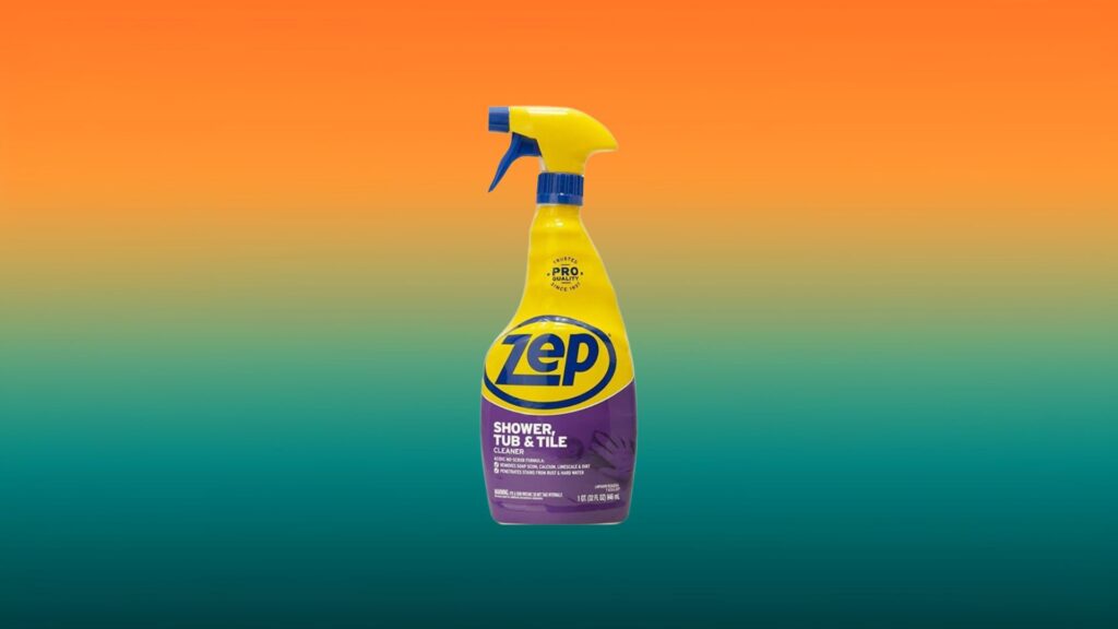 yellow and purple bottle of Zep shower, tub, and tile cleaner with orange and teal gradient background
