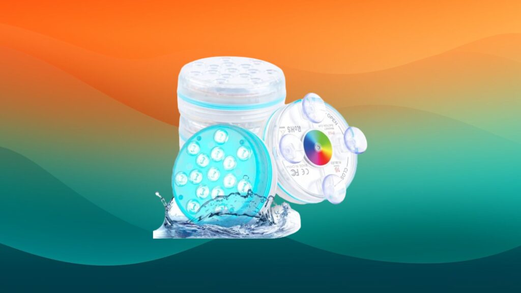 stack of white LED pool lights with orange and teal background
