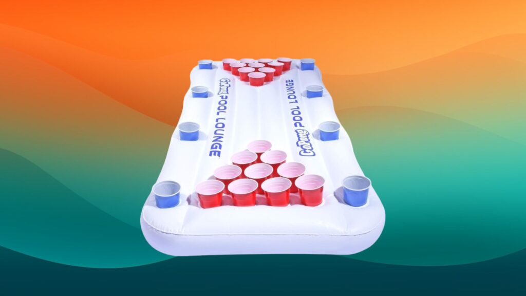 white beer pong pool float with orange and teal background