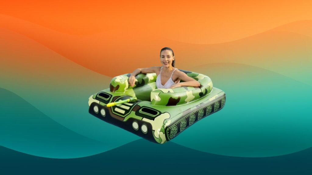 woman sitting in a camo pool float with water cannon
