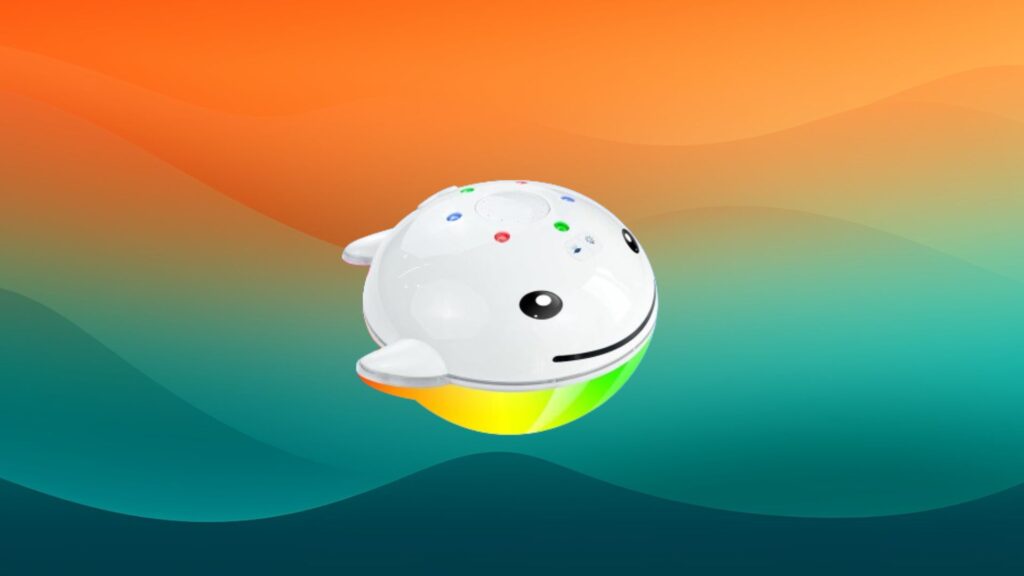small white whale pool fountain with a rainbow color base