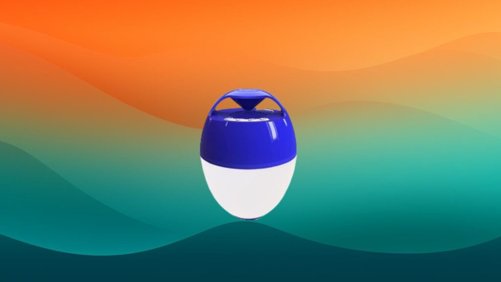 small blue pool speaker with orange and teal background