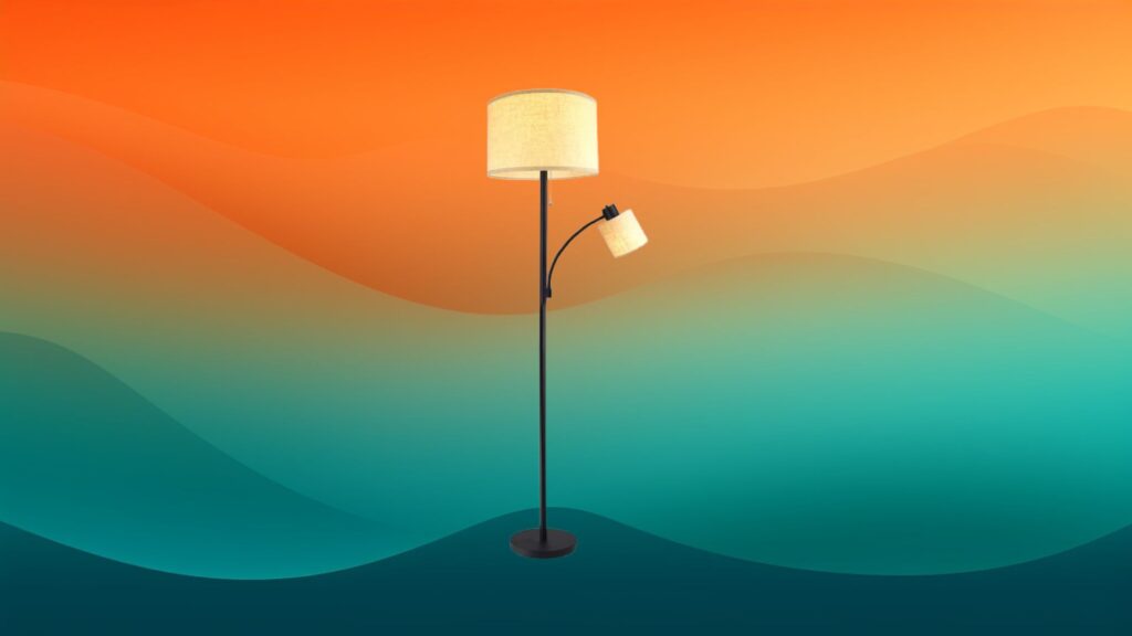 black reading light with tan shades in front of an orange and teal background